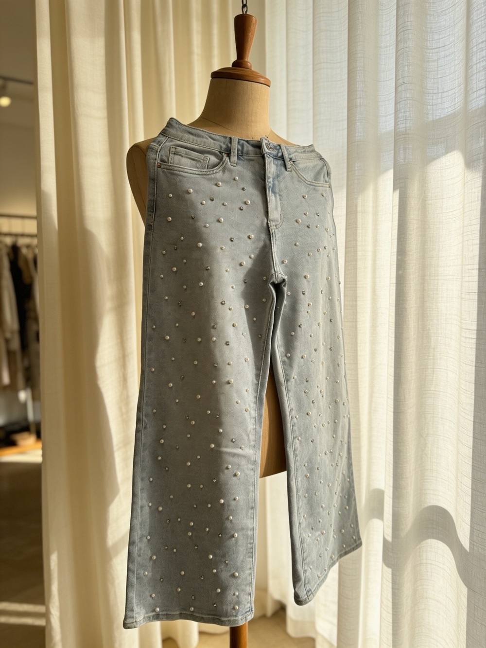 Altar'd State Pearl-Embellished Light Gray Flare Jeans